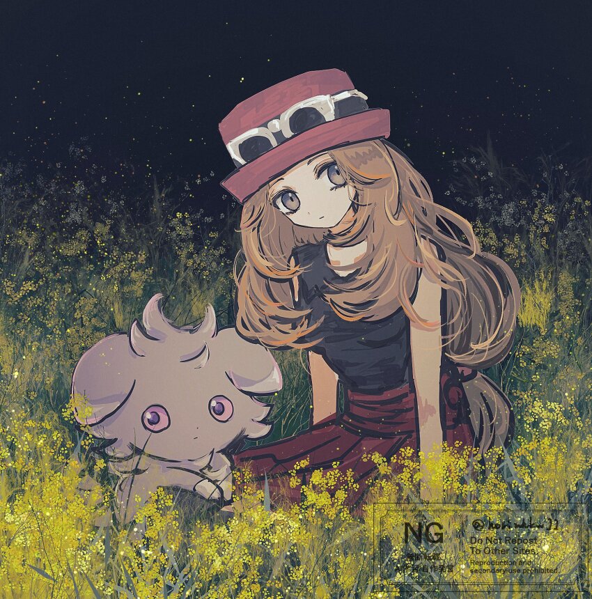 1girl black_shirt blonde_hair closed_mouth espurr expressionless eyewear_on_headwear field flower flower_field gen_6_pokemon hat highres horimhkw11 long_hair looking_at_viewer low-tied_long_hair nintendo pleated_skirt pokemon pokemon_(creature) pokemon_xy red_skirt serena_(pokemon) shirt skirt sleeveless sleeveless_shirt sunglasses