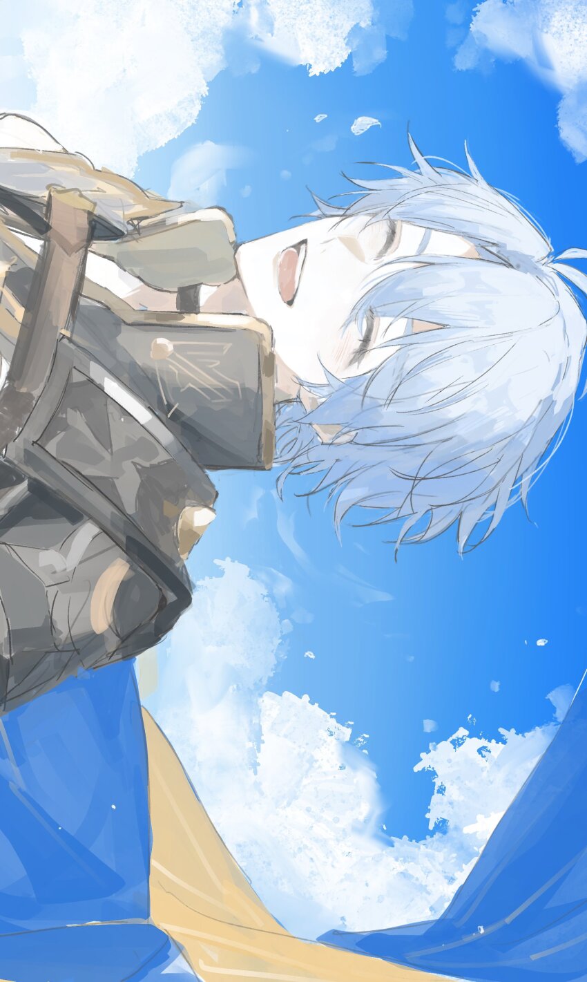 1boy :d absurdres ameu_ri antenna_hair armor black_choker black_shirt blue_cape blue_sky cape choker closed_eyes coat commentary_request floating_cape highres honkai:_star_rail honkai_(series) male_focus open_mouth parted_bangs pauldrons phainon_(honkai:_star_rail) shirt short_hair shoulder_armor sideways single_pauldron sky smile solo white_coat white_hair