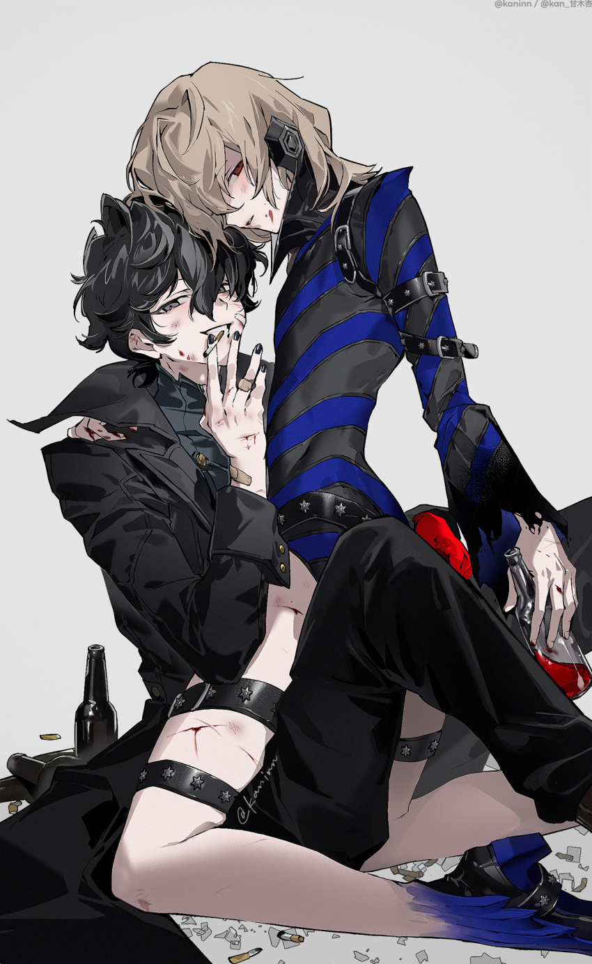 2boys akechi_gorou amamiya_ren belt black_coat black_eyes black_hair black_jacket black_nails black_pants blood blood_on_face bottle brown_hair bruise bullet coat cuts fingernails grey_background grin hair_between_eyes highres holding holding_bottle injury jacket jewelry kaninn long_sleeves looking_at_viewer male_focus multiple_boys nail_polish pants parted_lips persona persona_5 prison_clothes red_eyes ring scratches shirt short_hair simple_background sitting smile striped_clothes striped_shirt torn_clothes weapon yaoi