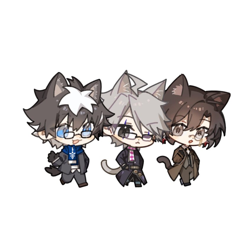 3boys :d ;3 ahoge aqua_socks belt bespectacled black_bow black_bowtie black_coat black_eyes black_gloves black_hair black_jacket black_pants black_shoes black_sweater blue_eyes blue_scarf bow bowtie brown_coat brown_pants brown_shoes brown_vest charlemagne_(fate) chibi chibi_only closed_mouth coat collared_shirt constantine_xi_(fate) earrings facial_mark fate/grand_order fate_(series) full_body glasses gloves grey_hair hair_between_eyes hand_in_pocket hand_on_own_hip hand_up highres idass_(idass16) jacket james_moriarty_(ruler)_(fate) jewelry lightning_ahoge long_sleeves looking_at_another male_focus monocle multicolored_hair multiple_boys official_alternate_costume one_eye_closed open_clothes open_coat open_hand open_mouth pants parted_lips scarf shirt shoes short_hair side-by-side sideways_glance simple_background single_glove smile socks streaked_hair sweater swept_bangs two-tone_hair vest walking white_background white_hair white_scarf white_shirt