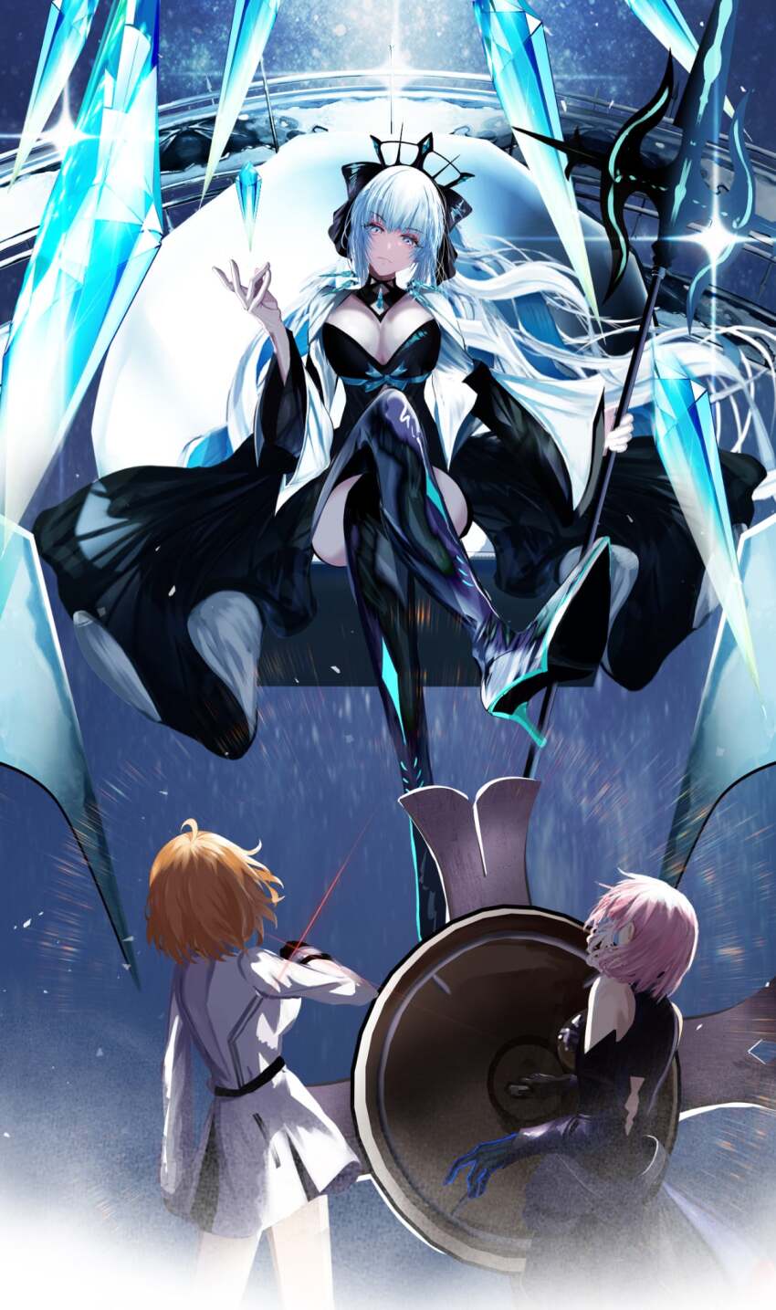 3girls antinese black_bow black_dress black_thighhighs black_tiara blue_eyes bow braid crossed_legs dress fate/grand_order fate_(series) fujimaru_ritsuka_(female) hair_between_eyes hair_bow half_up_braid high_heels highres holding holding_shield long_hair long_sleeves looking_at_viewer mash_kyrielight morgan_le_fay_(fate) morgan_le_fay_(third_ascension)_(fate) multiple_girls orange_hair pink_hair polearm ponytail shield short_hair sitting_on_throne smile spear thighhighs tiara very_long_hair weapon white_hair
