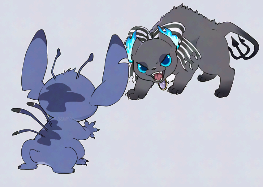 blue_eyes cat commentary_request creature crossover full_body grey_background grim_(twisted_wonderland) highres hissing lilo_&amp;_stitch no_humans puffing_up raccoonlot simple_background stitch_(lilo_&amp;_stitch) twisted_wonderland