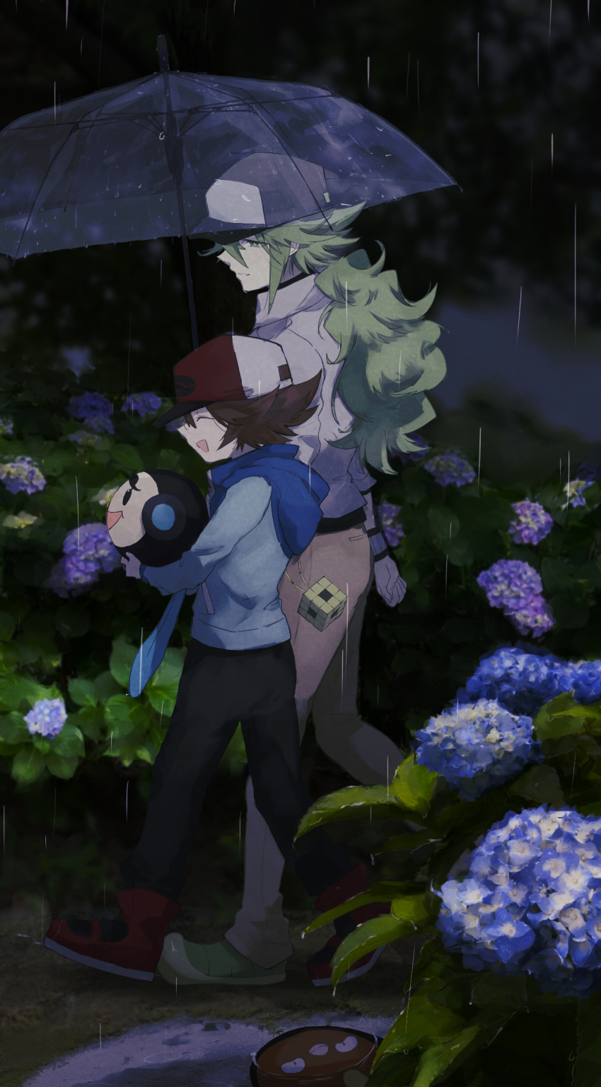 2boys :d black_hat black_pants blue_jacket brown_hair bush closed_eyes flower from_side gen_5_pokemon green_footwear green_hair hat highres hilbert_(pokemon) holding holding_pokemon holding_umbrella hood hood_down hooded_jacket hydrangea jacket long_hair long_sleeves male_focus multiple_boys n_(pokemon) nintendo open_mouth outdoors pants pokemon pokemon_(creature) pokemon_bw shirt shoes smile standing stunfisk tarai_(yamadarairai) tympole umbrella
