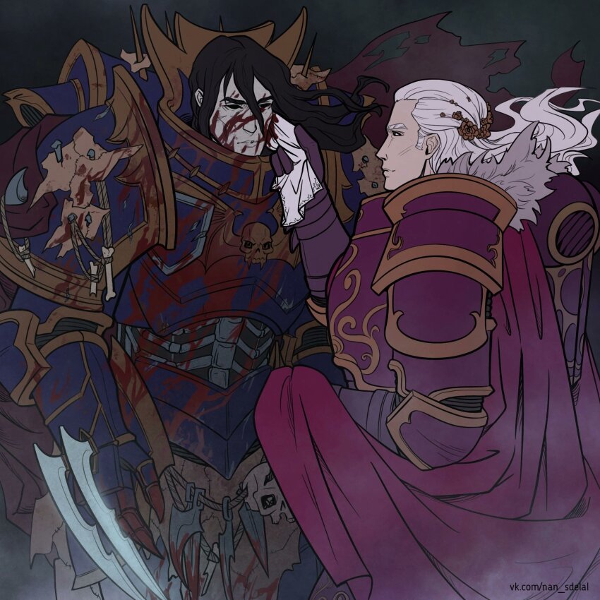 2boys armor black_eyes black_hair blood closed_mouth commentary commentary_request emperor&#039;s_children english_commentary flayed_skin fulgrim highres konrad_curze long_hair male_focus mixed-language_commentary multiple_boys natalia_kikicheva night_lords power_armor power_claw primarch russian_commentary warhammer_40k washing_face white_hair