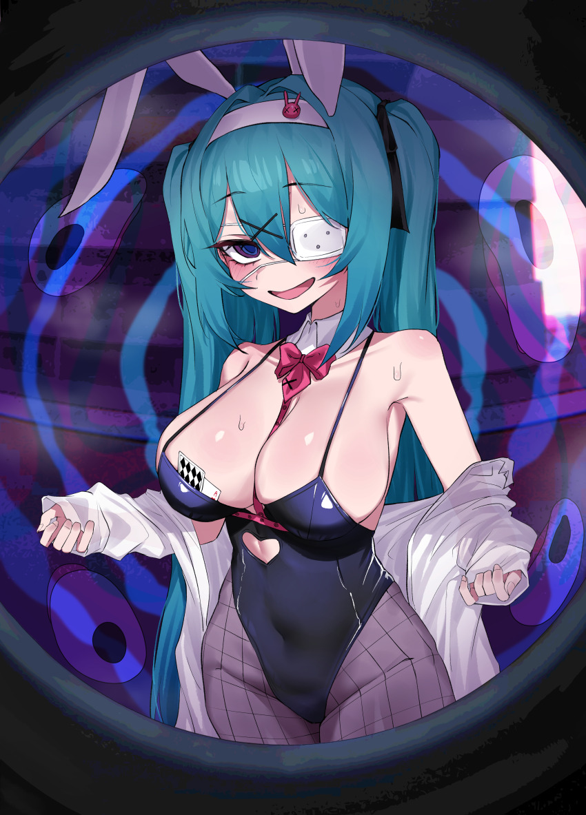 1girl @_@ absurdres animal_ear_hairband animal_ears aqua_hair black_leotard blue_eyes breasts coat cowboy_shot disembodied_eye eyepatch fake_animal_ears fishnet_pantyhose fishnets hahyaha hairband hatsune_miku highres jacket large_breasts leotard looking_at_viewer medical_eyepatch monitoring_(vocaloid) naughty_face necktie off_shoulder one_eye_covered open_mouth pantyhose playboy_bunny pov_peephole purple_eyes rabbit_ear_hairband rabbit_ears rabbit_hole_(vocaloid) red_necktie removing_jacket ringed_eyes short_necktie smile solo songover standing sweat twintails vocaloid white_coat white_jacket