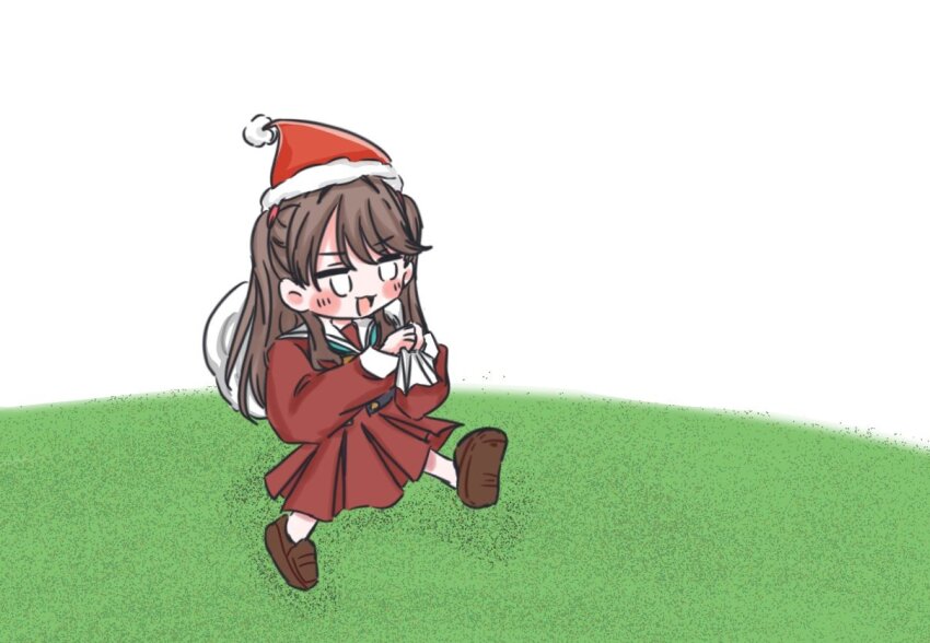 1girl :3 :d apou0605 aqua_neckerchief brown_dress brown_hair brown_shoes carrying_over_shoulder commentary deformed dress ehho_ehho_(meme) fujishima_megumi full_body hasu_no_sora_school_uniform hat holding holding_sack link!_like!_love_live! loafers long_hair long_sleeves love_live! marching medium_dress meme neckerchief open_mouth pleated_dress purple_eyes sack sailor_collar sailor_dress santa_hat school_uniform shoes simple_background smile solo two_side_up virtual_youtuber white_background white_sailor_collar winter_uniform