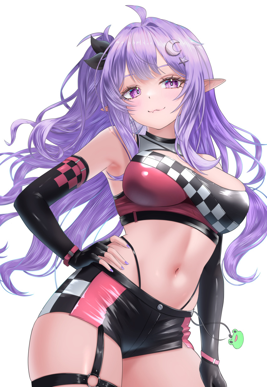 1girl absurdres black_gloves black_ribbon breasts checkered_print closed_mouth commentary commission crescent crescent_hair_ornament eepy_sleepy elbow_gloves english_commentary fingerless_gloves gloves hair_ornament hair_ribbon highres linea_alba long_hair nanaki24 navel phase_connect pointy_ears purple_eyes purple_hair purple_nails race_queen ribbon second-party_source short_shorts shorts skeb_commission solo star_(symbol) star_hair_ornament stomach transparent_background virtual_youtuber
