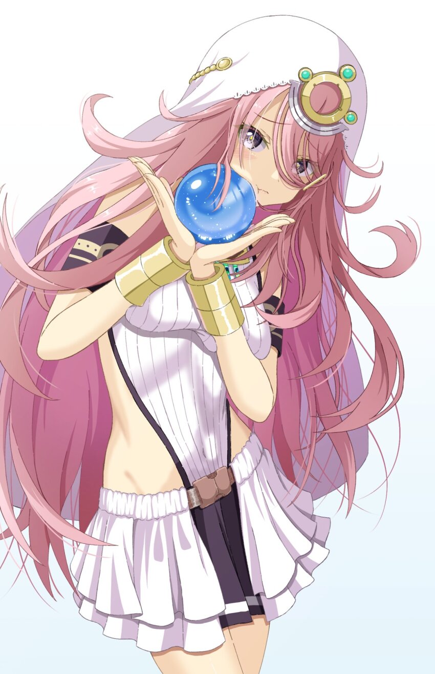 1girl breasts crystal_ball curly_hair grey_eyes heaven_burns_red highres large_breasts leotard long_hair looking_at_viewer mochimugi_rice pink_hair pleated_skirt sakuraba_seira skirt solo veil very_long_hair
