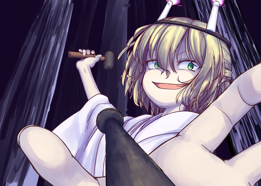 1girl alternate_costume blonde_hair candle commentary_request evil_smile fire green_eyes hair_between_eyes half_updo hammer hashihime holding holding_hammer isu_(is88) japanese_clothes kimono looking_at_viewer mizuhashi_parsee nail_(hardware) open_mouth pointy_ears pov short_hair smile solo touhou upper_body ushi_no_koku_mairi white_kimono