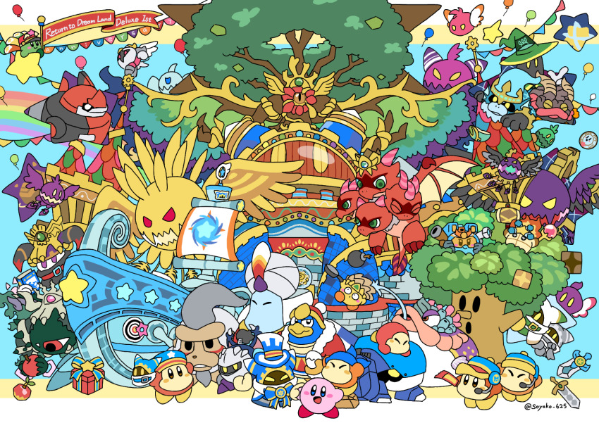 anniversary apple balloon bandana bandana_waddle_dee blue_bandana bomb book crown crowned_doomer doomer_(kirby) dragon dragon_wings electricky_dooter everyone explosive fatty_puffer festival_kirby fiery_puffer food fruit frying_pan galacta_knight gem_apple goriath grand_doomer hat highres holding holding_book holding_food holding_fruit holding_frying_pan hr-d3 hydriath king_dedede kirby kirby&#039;s_return_to_dream_land_deluxe kirby_(series) landia lor_starcutter magolor magolor_epilogue magolor_soul master_crown master_crown_(tree) mecha_kirby meta_knight metal_general mr._dooter multiple_persona nintendo pom_pom_(clothes) rainbow rampaging_doomers sand_kirby shuriken soyoko star_(symbol) string_of_flags sword tree ultra_sword waddle_dee warp_star weapon whispy_woods wings witch_hat yellow_eyes