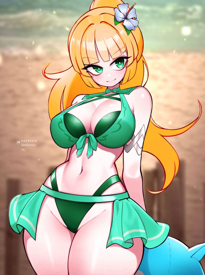 1girl adapted_costume alternate_hairstyle bare_shoulders bikini blonde_hair breasts cleavage crop_top fire_emblem fire_emblem:_three_houses fire_emblem_heroes flower green_bikini green_eyes green_ribbon hair_flower hair_ornament highres ingrid_brandl_galatea ingrid_brandl_galatea_(summer) jaxdrawz large_breasts long_hair medium_breasts navel nintendo off-shoulder_bikini off_shoulder official_alternate_costume ponytail ribbon smile solo swimsuit thick_thighs thighs wide_hips