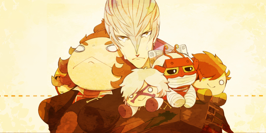 1boy :&lt; character_doll crying crying_with_eyes_open doll grey_hair hair_between_eyes highres hugging_doll hugging_object ishida_mitsunari_(sengoku_basara) light_blush looking_at_viewer makaron611 male_focus ootani_yoshitsugu_(sengoku_basara) sengoku_basara sepia shima_sakon_(sengoku_basara) short_hair simple_background solo takenaka_hanbee_(sengoku_basara) tears tokugawa_ieyasu_(sengoku_basara) toyotomi_hideyoshi_(sengoku_basara) yellow_background