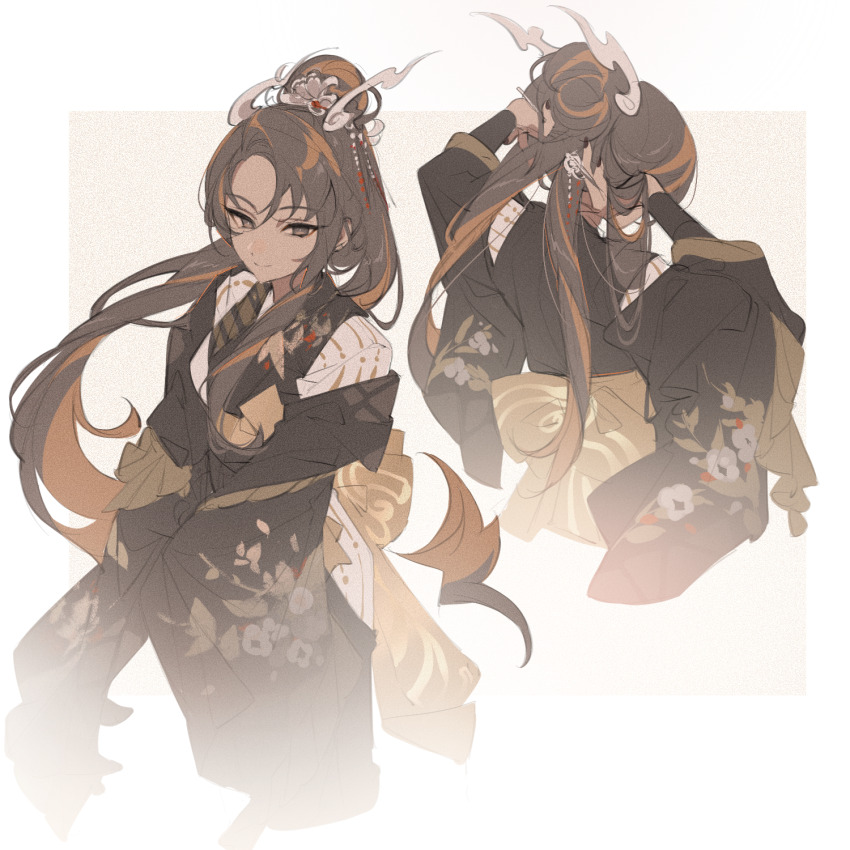 1girl adjusting_hair alternate_costume back-to-back back_bow black_kimono black_nails border bow brown_eyes brown_hair caramel_arrow_cookie closed_mouth clothing_cutout cookie_run cookie_run:_kingdom fading fading_border film_grain floral_print_sleeves from_above furisode hair_bun high_ponytail highres humanization japanese_clothes kimono multicolored_hair multiple_views nail_polish non-deformed orange_hair ponytail reverse_trap shoulder_cutout shu_(pjxv7485) sketch split_ponytail streaked_hair tan v_arms white_border yellow_bow