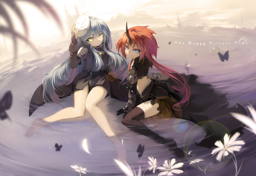 10s 1girl 1other arm_up armor black_armor black_horns blue_eyes blue_hair bug butterfly flower gradient_background highres holding horn horns insect long_hair looking_at_viewer looking_to_the_side mask milim_nava oni_horn oni_horns red_hair rimuru_tempest single_horn sitting slit_pupils smile tensei_shitara_slime_datta_ken thighhighs undeedking very_long_hair water white_mask yellow_eyes