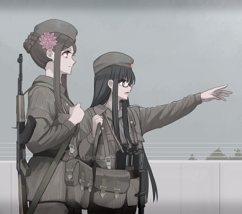 2girls absurdres alternate_costume ammunition_pouch arm_up belt black_belt black_hair brown_hair brown_jacket brown_pants closed_mouth cold_war east_germany flower garrison_cap glasses gretel_jeckeln gun_sling hair_bun hair_flower hair_ornament hat highres homuhomu1208 jacket kalashnikov_rifle long_hair looking_to_the_side lotus_hair_ornament military military_uniform multiple_girls muv-luv muv-luv_alternative nationale_volksarmee nva_uniform open_mouth outdoors pants pham_thi_ran pouch purple_eyes schwarzesmarken short_hair sidelocks standing