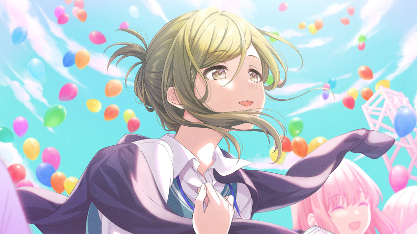 balloon closed_eyes cloud game_cg green_eyes green_hair highres idolmaster idolmaster_shiny_colors idolmaster_shiny_colors_song_for_prism nanakusa_hazuki official_art open_mouth