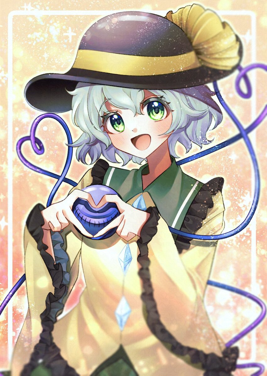 1girl :d a_c_bb black_hat blush buttons colored_eyelashes commentary_request diamond_button eyelashes frilled_shirt_collar frilled_sleeves frills green_hair hair_between_eyes hands_up happy hat hat_ribbon heart heart_hands heart_hands_over_eye heart_of_string highres koishi_day komeiji_koishi light_particles long_sleeves looking_at_viewer open_mouth ribbon short_hair simple_background smile solo tareme third_eye touhou upper_body wavy_hair wide_sleeves yellow_ribbon