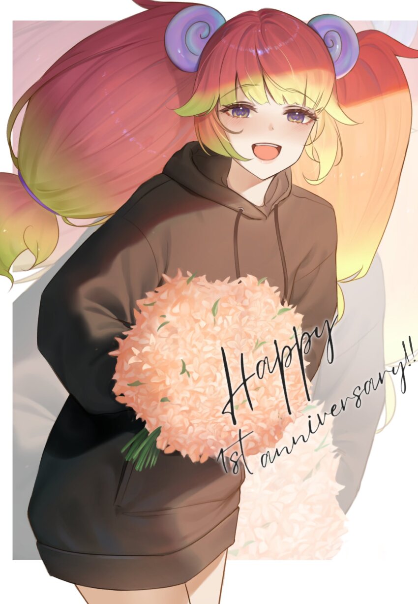 1girl :d anniversary black_hoodie bouquet commentary english_commentary flower green_hair highres holding holding_bouquet hood hoodie long_hair long_sleeves looking_at_viewer multicolored_hair open_mouth pink_flower pink_hair purple_eyes second-party_source smile solo stronny_cuttles symbol-shaped_pupils two-tone_hair vallure virtual_youtuber waltz_w_me zoom_layer