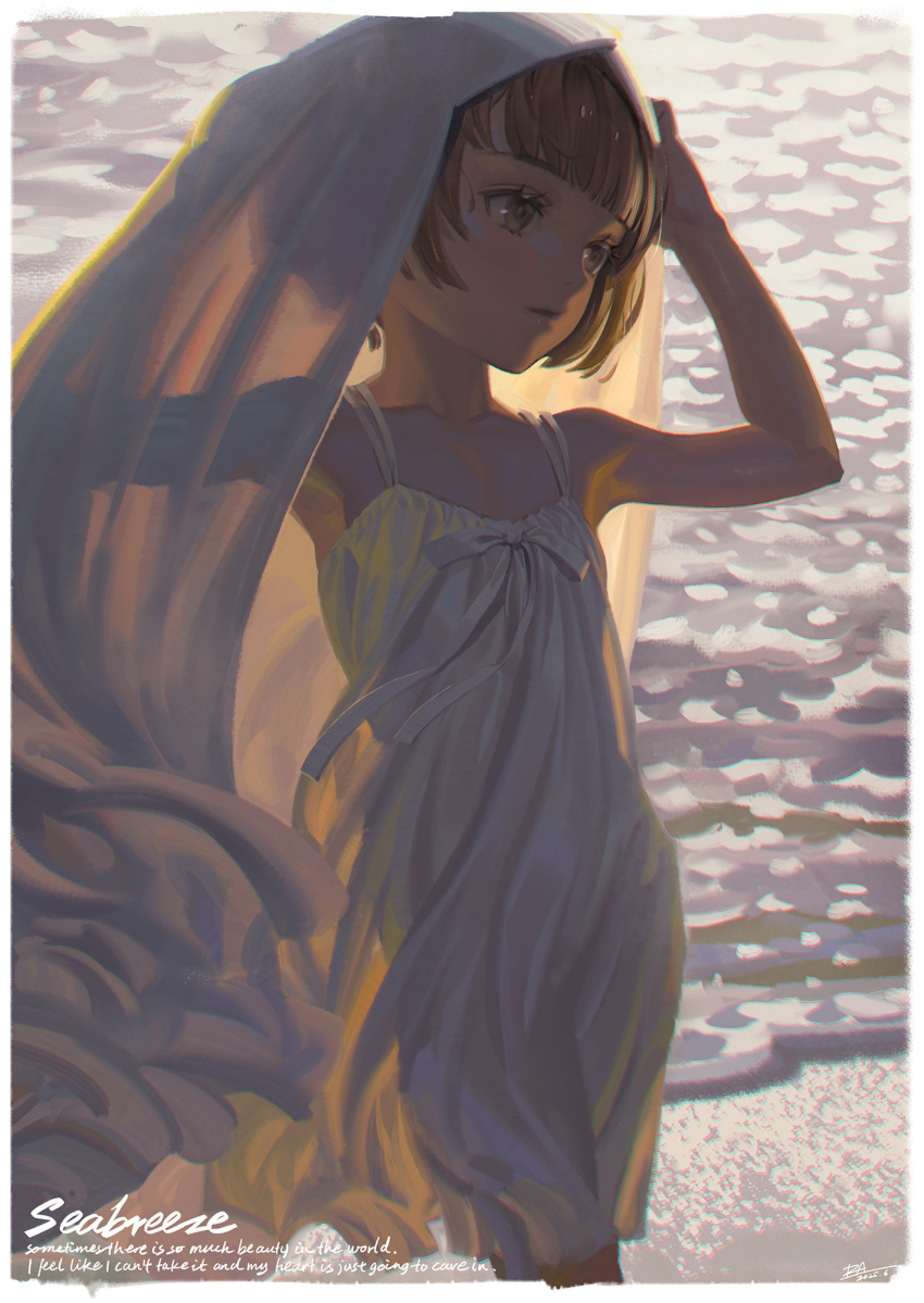 1girl alphonse_(white_datura) beach blunt_bangs brown_eyes brown_hair cloth dress english_text evening flat_chest highres original solo sundress