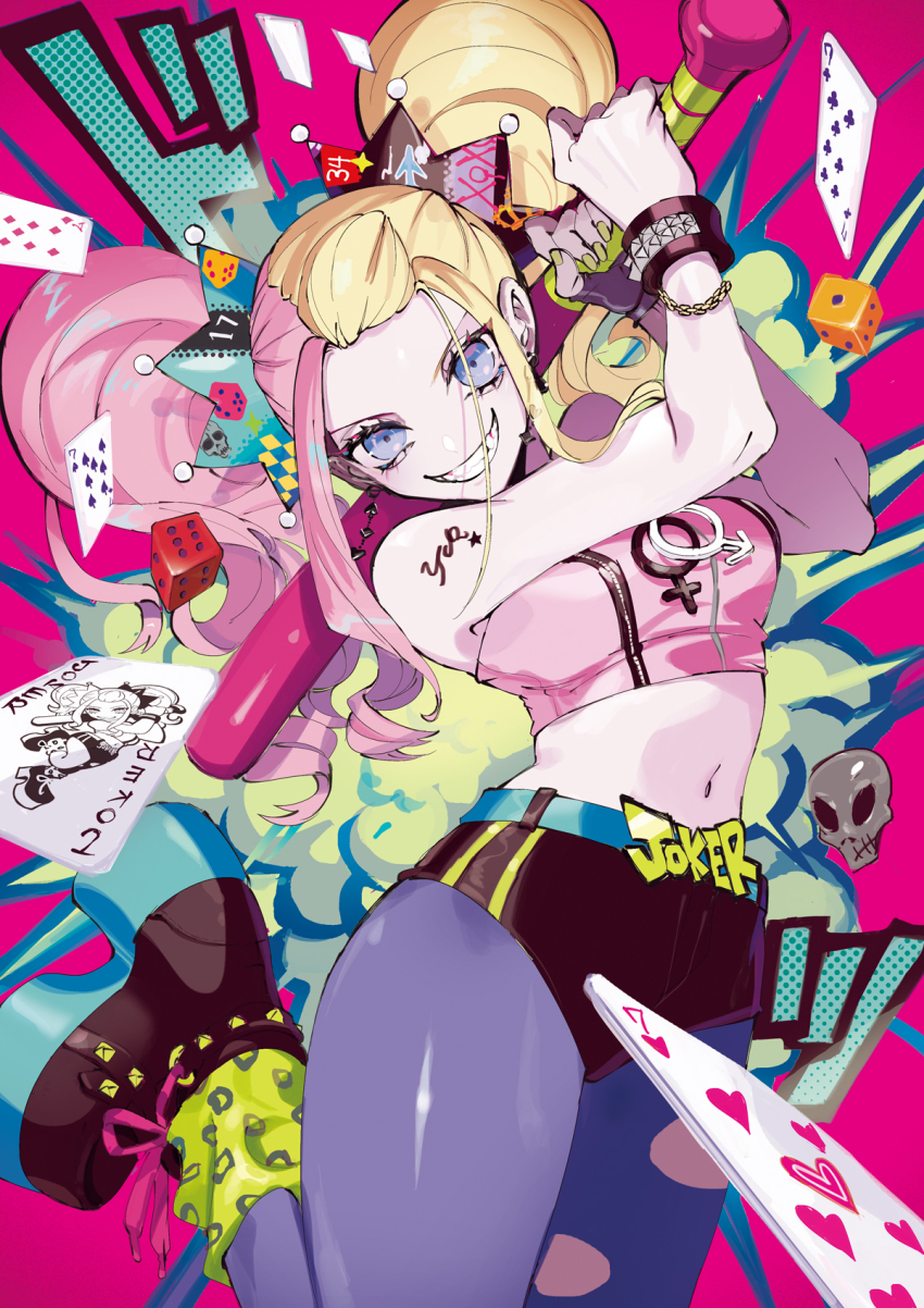 1girl bare_shoulders baseball_bat blonde_hair blue_eyes bracelet card dice ear_piercing green_nails grin hair_ornament hairclip happy highres jewelry long_hair looking_at_viewer multicolored_hair original pantyhose piercing pink_background pink_hair puppeteer7777 simple_background sleeveless smile solo twintails two-tone_hair