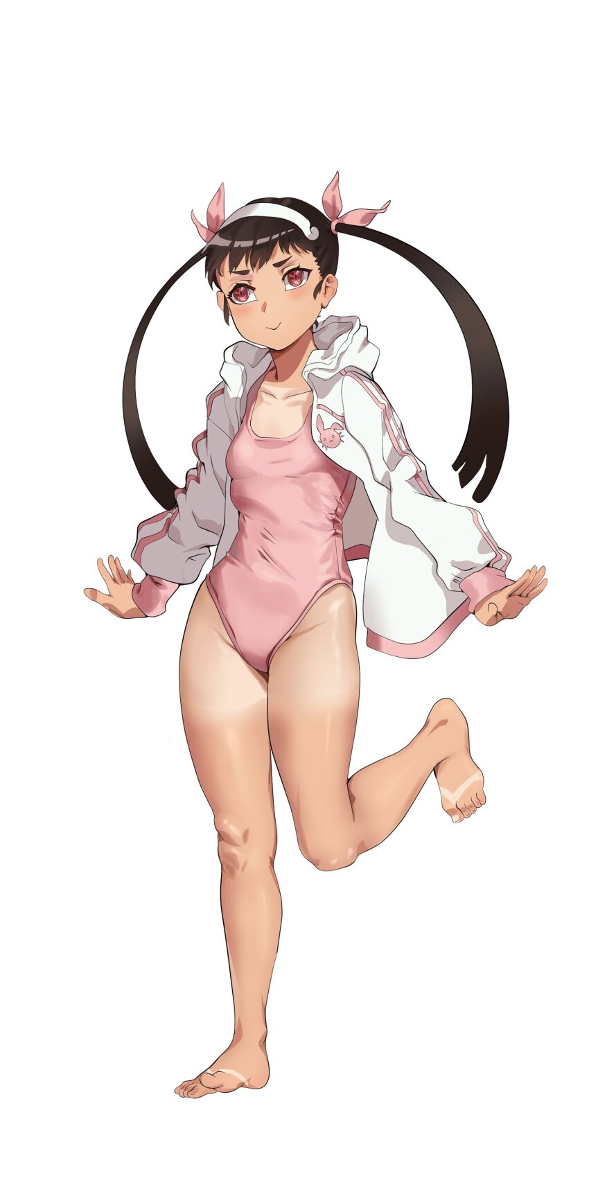 1girl absurdres barefoot black_hair breasts firstdayiyui groin hachikuji_mayoi highres hood hoodie loli long_hair monogatari_(series) ribbon simple_background small_breasts smile solo swimsuit tan tanline thighs white_background