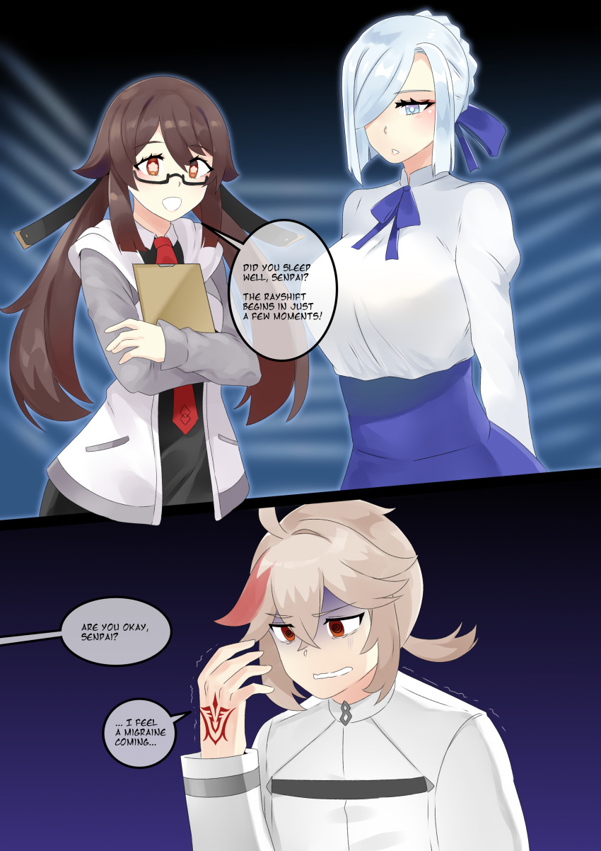 1boy 2girls absurdres ahoge alternate_costume alternate_hairstyle artoria_pendragon_(fate) black-framed_eyewear black_dress blue_ribbon blue_skirt blush braid breasts brown_eyes brown_hair chaldea_uniform clipboard collared_dress comic command_spell commentary cosplay crossover dress english_commentary english_text fate/grand_order fate_(series) flower-shaped_pupils french_braid fujimaru_ritsuka_(male) fujimaru_ritsuka_(male)_(cosplay) genshin_impact glasses gloom_(expression) grey_eyes grey_hair grey_jacket hair_between_eyes hair_over_one_eye hair_ribbon highres holding holding_clipboard hood hood_down hooded_jacket hu_tao_(genshin_impact) jacket kaedehara_kazuha kawasumi_ayako kuroeart large_breasts long_hair long_sleeves mash_kyrielight mash_kyrielight_(cosplay) multicolored_hair multicolored_jacket multiple_girls neck_ribbon necktie one_eye_covered open_clothes open_mouth ponytail red_hair red_necktie ribbon saber_(fate) saber_(fate)_(cosplay) shaded_face shenhe_(genshin_impact) shimazaki_nobunaga shirt short_hair short_ponytail skirt speech_bubble streaked_hair symbol-shaped_pupils takahashi_rie twintails two-tone_jacket voice_actor_connection white_jacket white_shirt