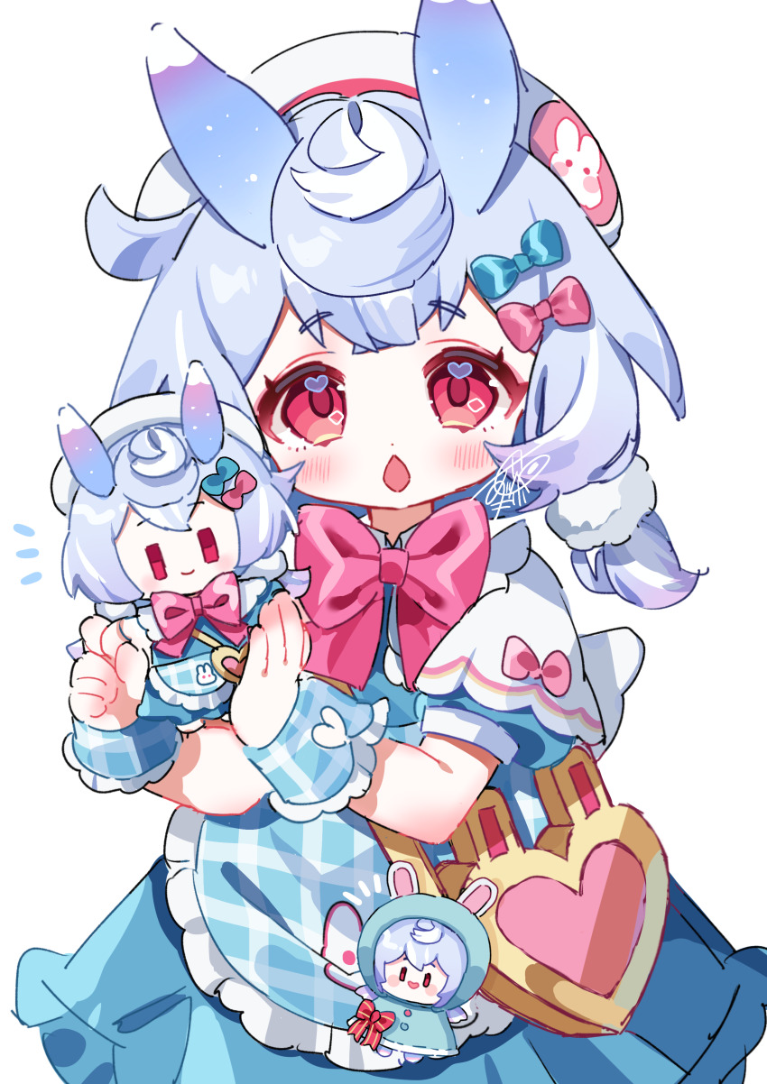 1girl :o absurdres animal_ears apron artist_name bag beret blue_apron blue_bow blue_dress blue_hair blue_wrist_cuffs blush bow bowtie character_doll collared_dress commentary_request crossed_bangs doll dress frilled_apron frilled_wrist_cuffs frills genshin_impact gradient_hair hair_between_eyes hair_bow hair_ornament hands_up hat heart heart-shaped_bag heart_in_eye highres holding holding_doll looking_at_viewer low_twintails meda_cha medium_hair multicolored_hair notice_lines open_mouth plaid_apron plaid_clothes plaid_wrist_cuffs pom_pom_(clothes) pom_pom_hair_ornament puffy_short_sleeves puffy_sleeves purple_hair red_bow red_bowtie red_eyes short_eyebrows short_sleeves sidelocks sigewinne_(genshin_impact) signature simple_background solo symbol_in_eye twintails upper_body white_background white_hat wrist_cuffs