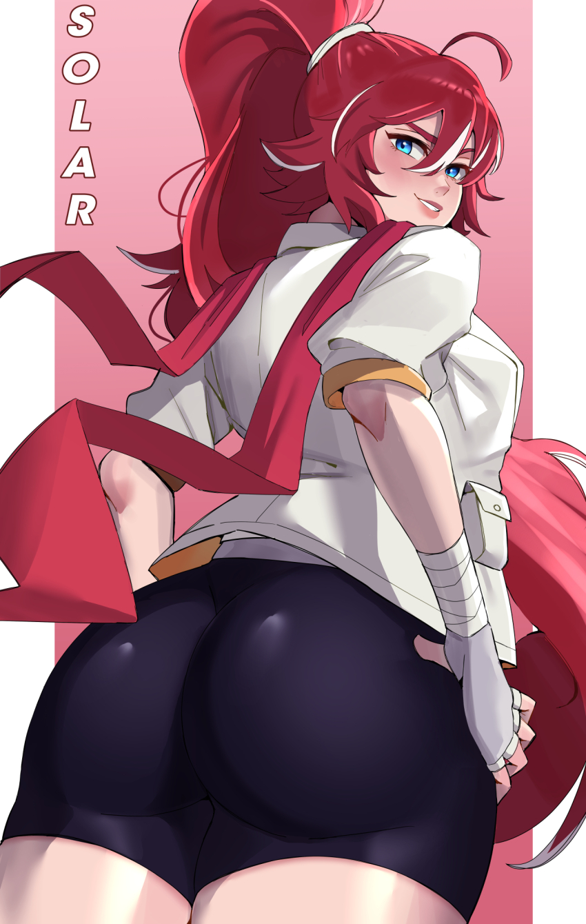 ass bike_shorts black_shorts blue_eyes borrowed_character canadiananiguy ceroccb character_name fingerless_gloves from_behind gloves hair_tie highres jacket long_hair looking_at_viewer looking_back original ponytail red_hair short_shorts shorts very_long_hair white_jacket