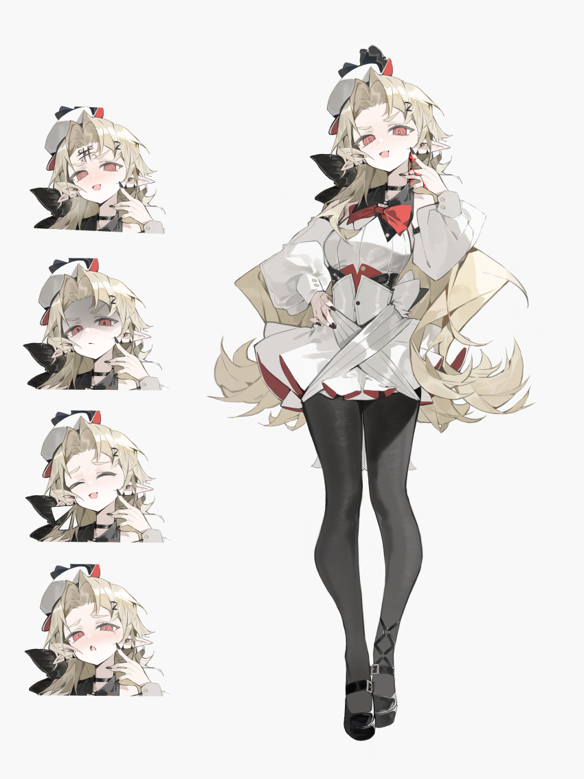 1girl :d @_@ absurdres bai_yao_(user_ygua7252) black_choker black_collar black_nails black_pantyhose black_shoes blonde_hair blood blood_on_hands bow bowtie brown_eyes chinese_commentary choker closed_eyes closed_mouth collar commentary_request dress fang frilled_dress frills full_body hair_ornament hairclip hat highres legs long_hair long_sleeves looking_at_viewer multiple_expressions multiple_views nail_polish open_mouth original pantyhose pointy_ears puffy_sleeves red_bow red_bowtie red_dress shoes simple_background smile solo standing tachi-e thighs two-tone_dress vampire white_background white_dress white_hat