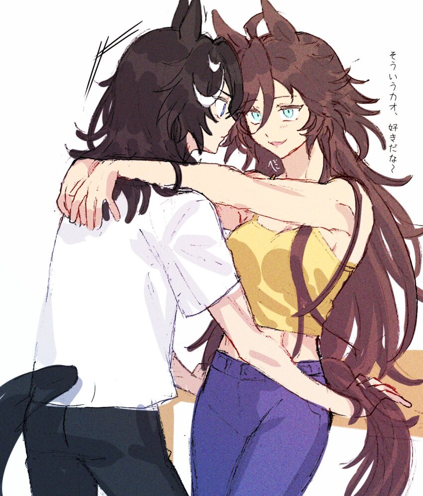 2girls ahoge animal_ears arms_around_neck black_hair black_pants black_tail blue_eyes breasts brown_tail camisole eye_contact face-to-face flipped_bangs hair_between_eyes hair_down hands_on_table highres horse_ears horse_girl horse_tail jagaimobeniko katsuragi_ace_(umamusume) long_hair looking_at_another midriff_peek mr._c.b._(umamusume) multicolored_hair multiple_girls pants purple_pants shirt short_sleeves simple_background streaked_hair t-shirt tail translation_request umamusume white_background white_hair white_shirt yellow_camisole yuri