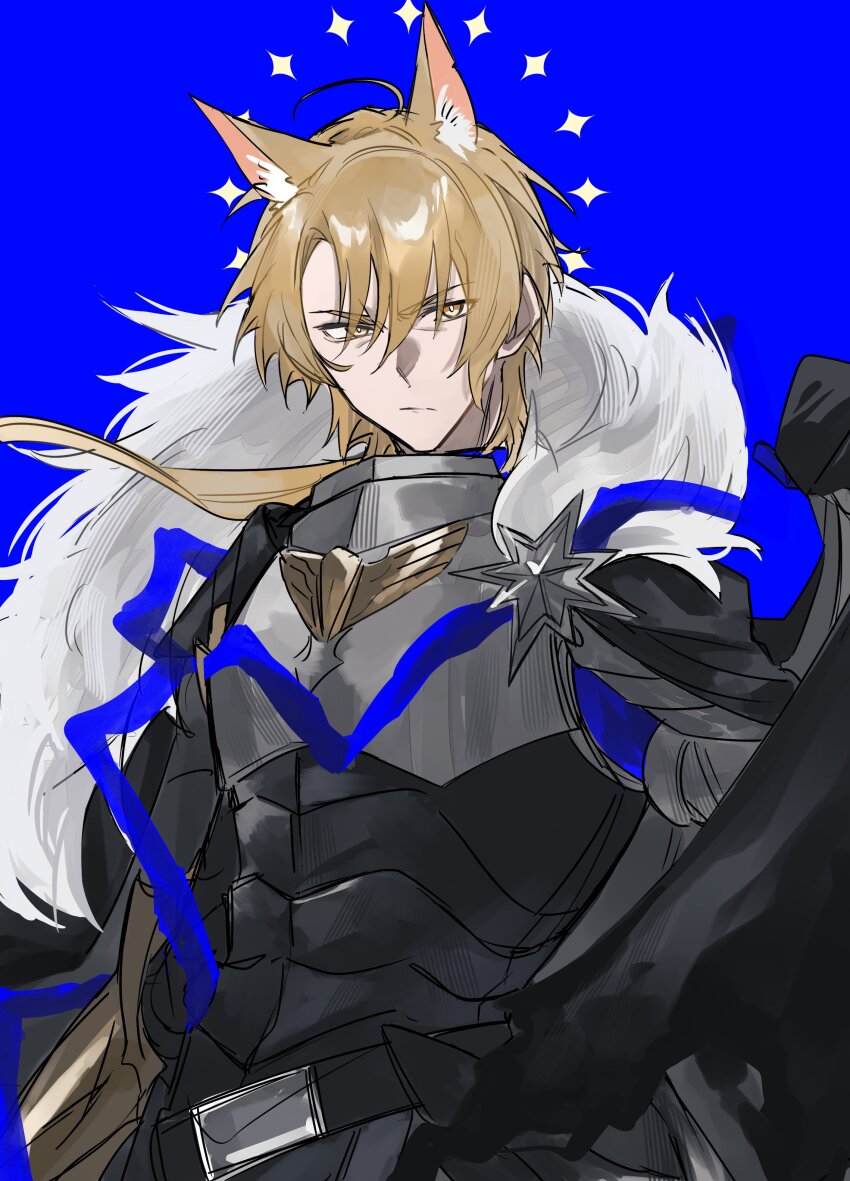 1boy absurdres animal_ears arknights armor belt black_belt blonde_hair blue_background fur_collar gauntlets glaring halo hand_on_own_hip highres horse_ears long_hair male_focus mlynar_(arknights) mlynar_(roar_against_the_wild)_(arknights) official_alternate_costume ponytail simple_background sketch solo yakota_(usuk-yako) yellow_eyes