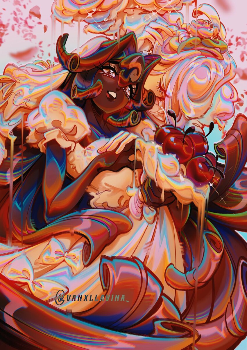 2girls black_forest_cookie bouquet bow bridal_veil brown_background brown_hair closed_mouth cookie_run cookie_run:_kingdom cross-shaped_pupils dark-skinned_female dark_skin dress flower hair_between_eyes hair_intakes highres holding holding_bouquet long_hair multiple_girls puffy_short_sleeves puffy_sleeves red_flower short_sleeves simple_background smile solo_focus sparkle symbol-shaped_pupils vanxllavina veil wedding_cake_cookie wedding_dress white_bow white_dress white_eyes