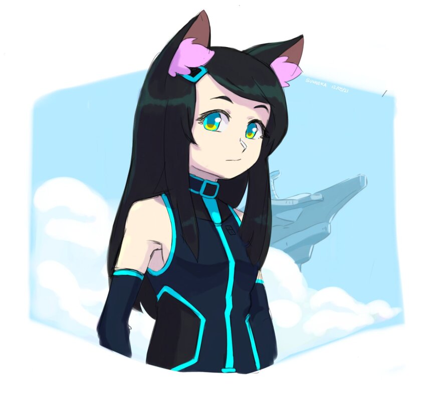1girl animal_ear_fluff animal_ears bare_shoulders black_bodysuit black_hair blue_bodysuit blue_eyes bodysuit cloud cloudy_sky commentary dated elbow_gloves gloves haqu_(suweeka) highres long_hair original sidelocks signature sky sleeveless sleeveless_bodysuit solo suweeka two-tone_bodysuit upper_body