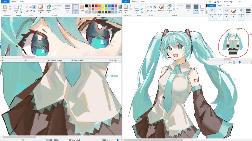 1girl :d absurdres art_program_in_frame black_skirt blue_eyes blue_hair blue_necktie blue_trim collared_shirt commentary commission cowboy_shot detached_sleeves double-parted_bangs english_commentary flxphlx hair_between_eyes hair_ornament halterneck hatsune_miku highres long_hair microsoft_paint_(medium) microsoft_paint_(software) multiple_views necktie open_mouth reference_inset roblox screencap shirt skeb_commission skirt smile solo sparkling_eyes twintails very_long_hair vocaloid white_shirt wide_sleeves zoom_layer