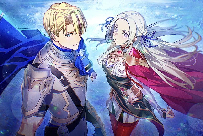 1boy 1girl armor blonde_hair blue_cape blue_eyes blue_ribbon breasts cape closed_mouth commentary_request dimitri_alexandre_blaiddyd dimitri_alexandre_blaiddyd_(resplendent) edelgard_von_hresvelg edelgard_von_hresvelg_(resplendent) fire_emblem fire_emblem:_three_houses fire_emblem_heroes grey_armor hair_ribbon highres long_hair looking_at_viewer nintendo official_alternate_costume purple_eyes red_cape red_thighhighs ribbon short_hair shoulder_armor smile soma_otakuu standing thighhighs white_hair
