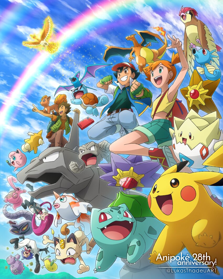 1girl :d anniversary arbok ash_ketchum asymmetrical_hair backpack bag baseball_cap belt black_hair blue_eyes blue_sky brock_(pokemon) brown_eyes bulbasaur charizard charmander cloud creatures_(company) crop_top day fangs fingerless_gloves fire flame-tipped_tail game_freak gen_1_pokemon gen_2_pokemon geodude gloves goldeen green_eyes grin gyarados hat highres ho-oh holding horsea jacket james_(pokemon) jessie_(pokemon) jigglypuff jigglypuff`onix legendary_pokemon lickitung lukas_thadeu meowth midriff misty_(pokemon) multiple_boys multiple_girls nintendo one_eye_closed open_mouth orange_hair outdoors pants pidgeotto pikachu pointing poke_ball pokemon pokemon_(anime) pokemon_(classic_anime) ponytail psyduck rainbow shirt short_hair shorts side_ponytail sky sleeveless sleeveless_jacket smile spiked_hair squirtle starmie staryu suspenders team_rocket teeth togepi tongue victreebel vulpix weezing yellow_shirt zubat
