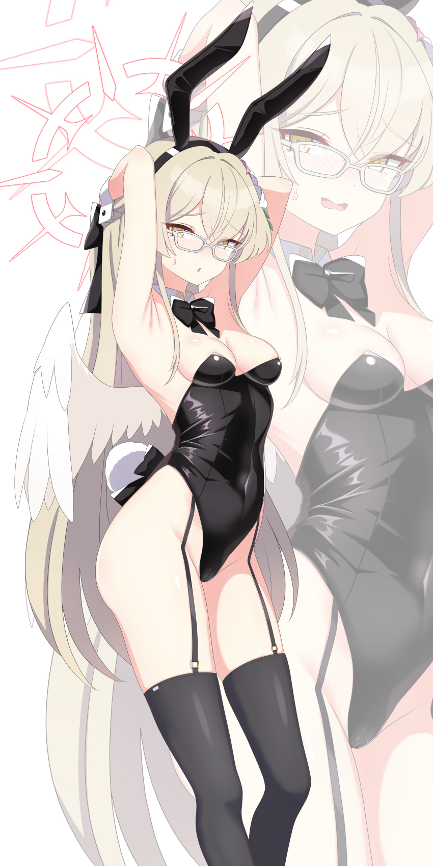 1girl absurdres alternate_costume alternate_hairstyle angel_wings animal_ears armpit_crease armpits arms_behind_head ass bare_shoulders bespectacled black_bow black_bowtie black_hairband black_leotard blue_archive blush bow bowtie braid breasts brown_hair cameltoe cleavage commentary_request curvy detached_collar embarrassed eyes_visible_through_hair fake_animal_ears fake_tail feathered_wings feet_out_of_frame flower from_side furrowed_brow garter_straps glasses groin hair_between_eyes hair_bow hair_flower hair_ornament hairband half_up_braid halo highres leotard long_hair looking_at_viewer medium_breasts nagisa_(blue_archive) nervous_smile nose_blush open_mouth pink_flower pink_halo playboy_bunny rabbit_ears rabbit_tail simple_background smile solo standing straight_hair strapless strapless_leotard sweatdrop tail thighs tsurime very_long_hair white_background white_flower white_wings white_wrist_cuffs wings wrist_cuffs ydayluca yellow_eyes zoom_layer
