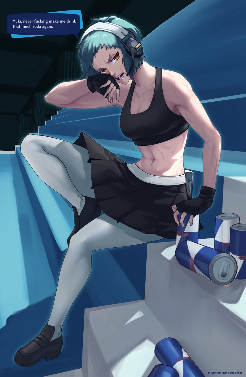 1girl abs absurdres aqua_hair energy_drink english_text fingerless_gloves gloves headphones highres loafers mayonnaisenais3 midriff orange_eyes out_of_character persona persona_3 persona_3_reload profanity s.e.e.s shoes sitting skirt solo stairs sweat tartarus thighhighs toned white_thighhighs wiping_face yamagishi_fuuka