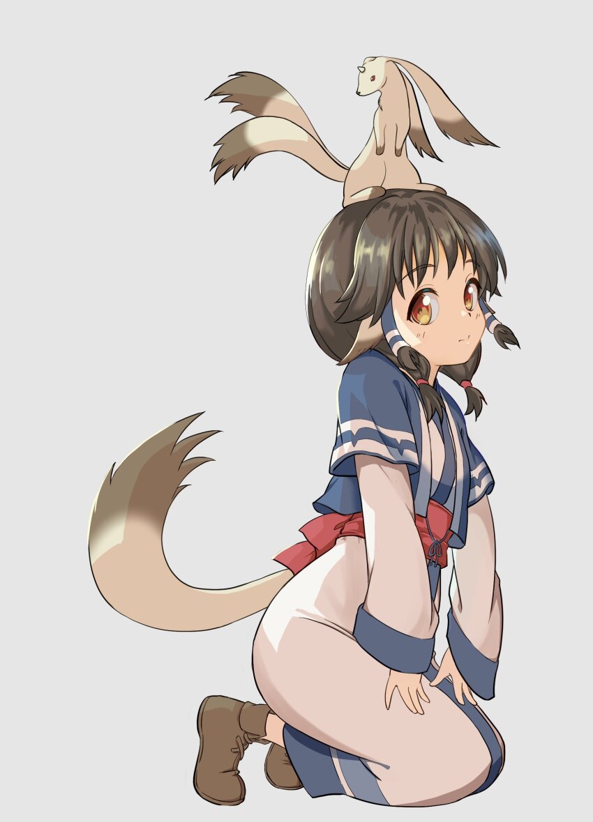 1girl absurdres aruruu boots brown_boots brown_eyes brown_hair closed_eyes commentary_request full_body gachatara highres looking_at_viewer medium_hair rcrxcba3jwuuxtt simple_background sitting smile solo tail utawarerumono utawarerumono:_lost_flag white_background