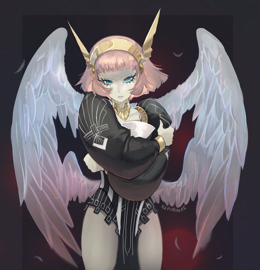 1girl absurdres angel_wings artist_name black_border blue_eyes border closed_mouth commentary crossed_arms eyelashes hairband highres kaphrin looking_at_viewer metaphor:_refantazio outside_border pink_hair pink_lips rella_(metaphor:_refantazio) short_hair solo standing wide_sleeves winged_hairband wings