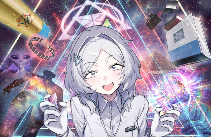 1girl absurdres alien blue_archive book commentary gabang gloves grey_eyes halo highres long_hair long_sleeves looking_at_viewer mirai_(blue_archive) open_book open_mouth shirt smile solo teeth tongue upper_body upper_teeth_only white_gloves white_hair white_shirt