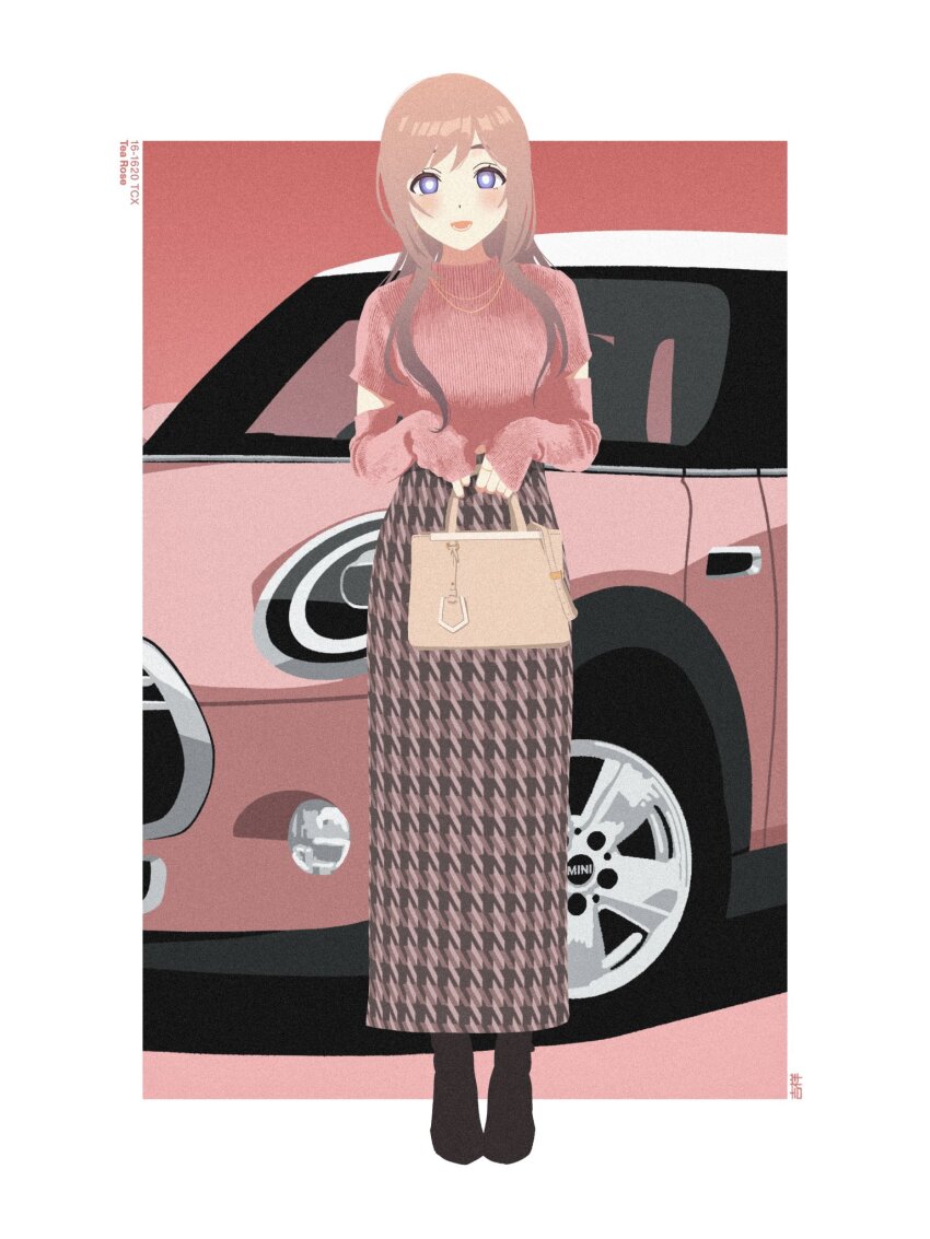 1girl bag blue_eyes blush boots border brown_hair car commentary gakuen_idolmaster gradient_hair highres himesaki_rinami holding holding_bag idolmaster kisshou_(georgie_san) long_hair long_skirt looking_at_viewer motor_vehicle multicolored_hair outside_border pink_sweater pink_theme skirt solo standing sweater symbol-only_commentary white_border