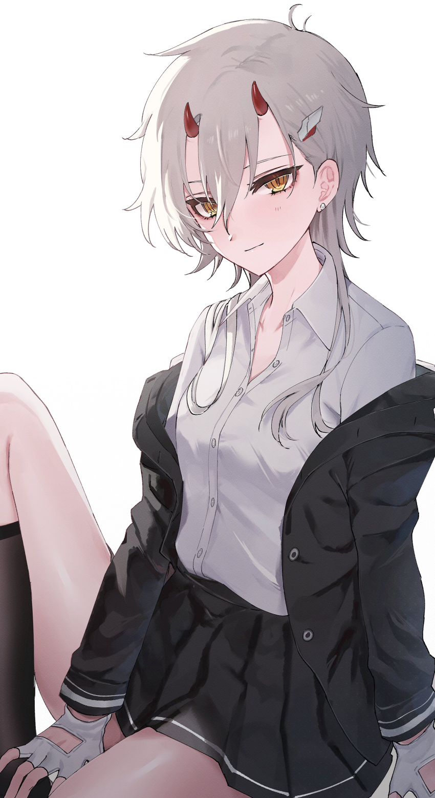 1girl absurdres azur_lane black_jacket black_skirt black_socks breasts closed_mouth collarbone collared_shirt commentary earrings fingerless_gloves gloves hair_between_eyes hair_ornament hairclip highres horns jacket jewelry kinu_(azur_lane) knee_up kneehighs light_smile long_sleeves looking_at_viewer medium_hair off_shoulder open_clothes open_jacket pleated_skirt shirt sidelocks simple_background skirt small_breasts socks solo standing trtrpnk white_background white_gloves white_hair white_shirt yellow_eyes