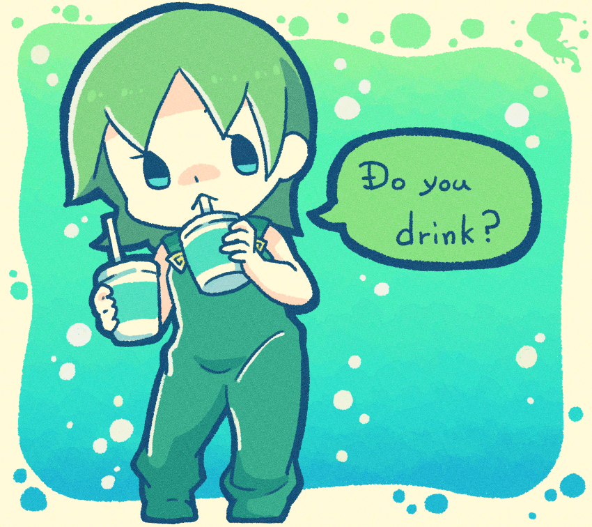 1girl absurdres blue_eyes border chibi commentary cup disposable_cup drink drinking drinking_straw english_text foo_fighters_(jojo) green_hair green_overalls highres holding holding_cup holding_drink jojo_no_kimyou_na_bouken m_a_a_m_8 overalls short_hair solo speech_bubble standing stone_ocean symbol-only_commentary