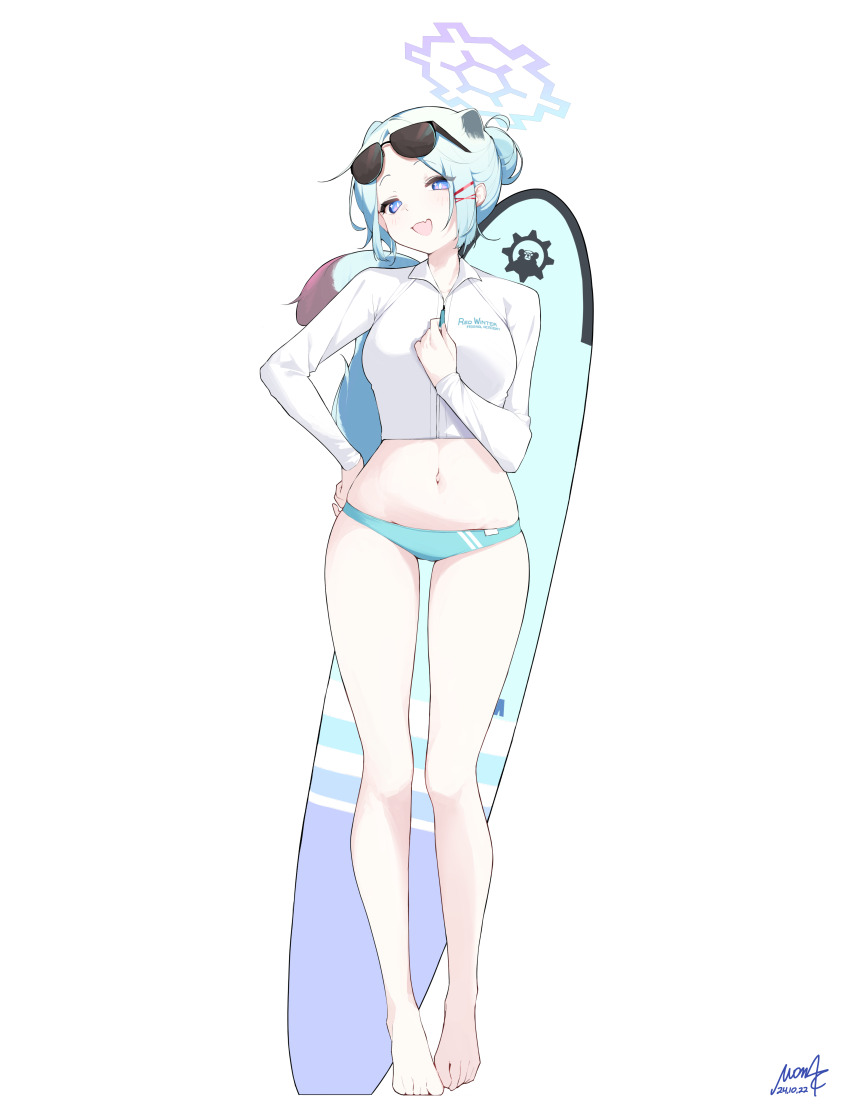 1girl absurdres alternate_costume alternate_hairstyle animal_ears aqua_bikini aqua_hair bare_legs barefoot bikini blue_archive blue_halo breasts bright_pupils commentary cropped_jacket eyewear_on_head fang hair_bun hair_ornament halo hand_on_own_hip highres jacket looking_at_viewer medium_breasts mona_kkkk navel open_mouth purple_eyes raglan_sleeves shigure_(blue_archive) short_hair signature simple_background single_hair_bun skin_fang smile solo standing sunglasses surfboard swimsuit tail thighs toes weasel_ears weasel_girl weasel_tail white_background white_jacket white_pupils