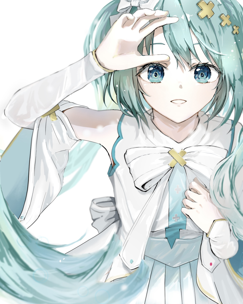 1girl aqua_eyes aqua_hair aqua_necktie aqua_skirt arm_up blush bow breasts commentary_request detached_sleeves hair_between_eyes hair_bow hair_ornament hand_on_own_chest hatsune_miku highres hiramado_miku kowareta_sekai_to_utaenai_miku long_hair long_sleeves looking_at_viewer necktie official_alternate_costume official_alternate_hairstyle open_mouth parted_lips pleated_skirt project_sekai simple_background skirt smile solo spoilers twintails upper_body very_long_hair vocaloid white_background x_hair_ornament yohirart