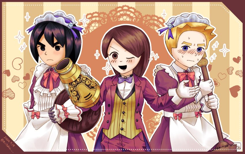 1girl 2boys ;d alternate_costume apron arm_cannon black_eyes black_hair blonde_hair blue_eyes blush bow bowtie broom brown_eyes brown_hair butler closed_mouth crossdressing dress enmaided formal_clothes formal_clothes frown gloves happy headdress heart highres holding holding_broom jacket long_sleeves looking_at_viewer maid maid_apron maid_headdress mii_(nintendo) mii_brawler_(smash_ultimate) mii_gunner_(smash_ultimate) mii_swordfighter_(smash_ultimate) miitaku multiple_boys nintendo one_eye_closed open_mouth pants puffy_sleeves purple_bow purple_bowtie shirt short_hair smile sparkle suit sweat sweatdrop vest weapon white_apron white_gloves