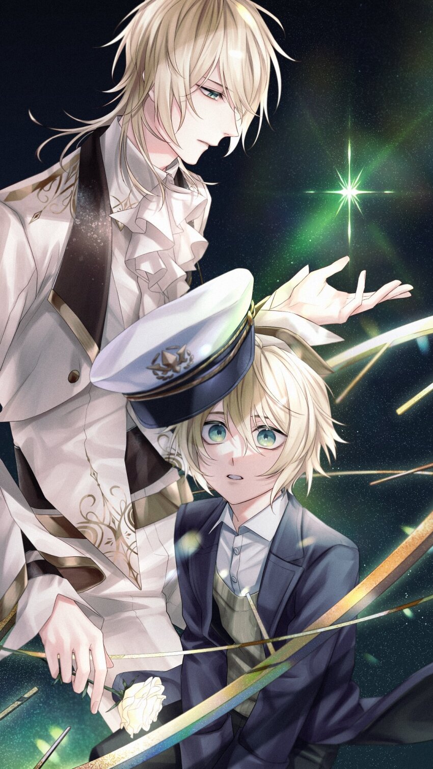 2boys aged_down alkaid_mcgrath alkaid_mcgrath_(eden) analog_clock ascot black_pants blonde_hair blue_jacket child clock closed_mouth collared_shirt cowboy_shot cropped_jacket cummerbund dual_persona flower formal_clothes green_eyes hair_between_eyes hat highres holding holding_flower iritani_ryouya jacket lapels layered_sleeves long_sleeves looking_at_object looking_at_viewer lovebrush_chronicles male_focus medium_hair multiple_boys object_floating_above_hand pants parted_lips peaked_cap profile rose shirt short_hair sitting sky spoilers star_(sky) star_(symbol) starry_sky suit sweater_vest vest white_ascot white_flower white_headwear white_jacket white_pants white_rose white_shirt white_suit white_vest wide-eyed yellow_sweater_vest