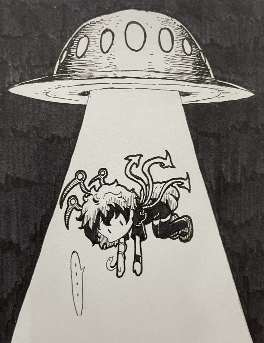 ... 1girl abduction absurdres asymmetrical_wings commentary_request dress full_body greyscale highres houjuu_nue monochrome no_mouth shoes short_hair short_sleeves snake solo spoken_ellipsis suteruko thighhighs touhou tractor_beam traditional_media ufo wings |_|
