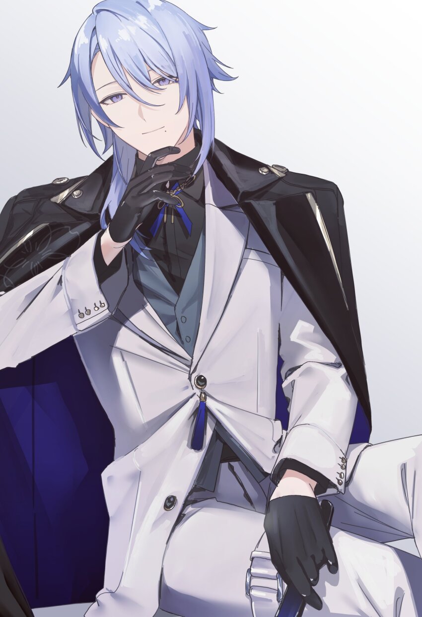 1boy absurdres asymmetrical_hair black_gloves black_jacket black_shirt blue_hair blue_ribbon closed_mouth folded_fan folding_fan genshin_impact gloves gradient_background grey_background grey_vest hair_between_eyes hand_fan hand_on_own_chin hand_up highres holding holding_fan jacket jacket_on_shoulders kamisato_ayato long_sleeves looking_at_viewer male_focus medium_hair mole mole_under_mouth neck_ribbon o-ring o-ring_thigh_strap official_alternate_costume pants peridot_(periperi_8) purple_eyes ribbon shirt simple_background sitting smile solo tassel thigh_strap two-sided_fabric two-sided_jacket vest white_jacket white_pants